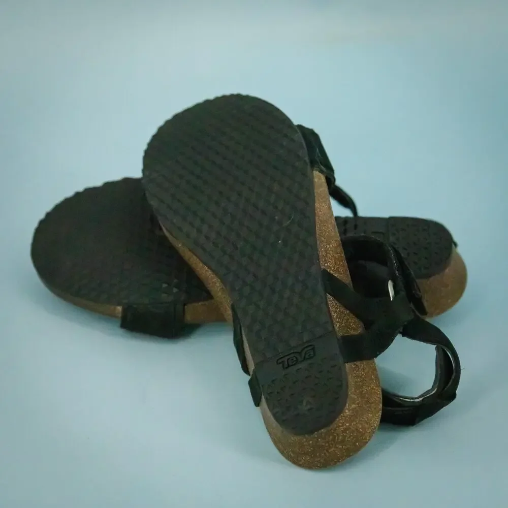 Teva Size 9 Mahonia Stitch Black Suede Leather Ankle Strap Cork Sole Sandals
